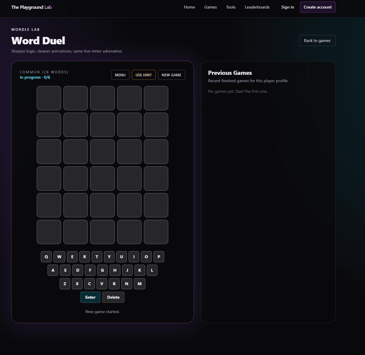 Playground Lab Wordle gameplay screen with account-aware progress